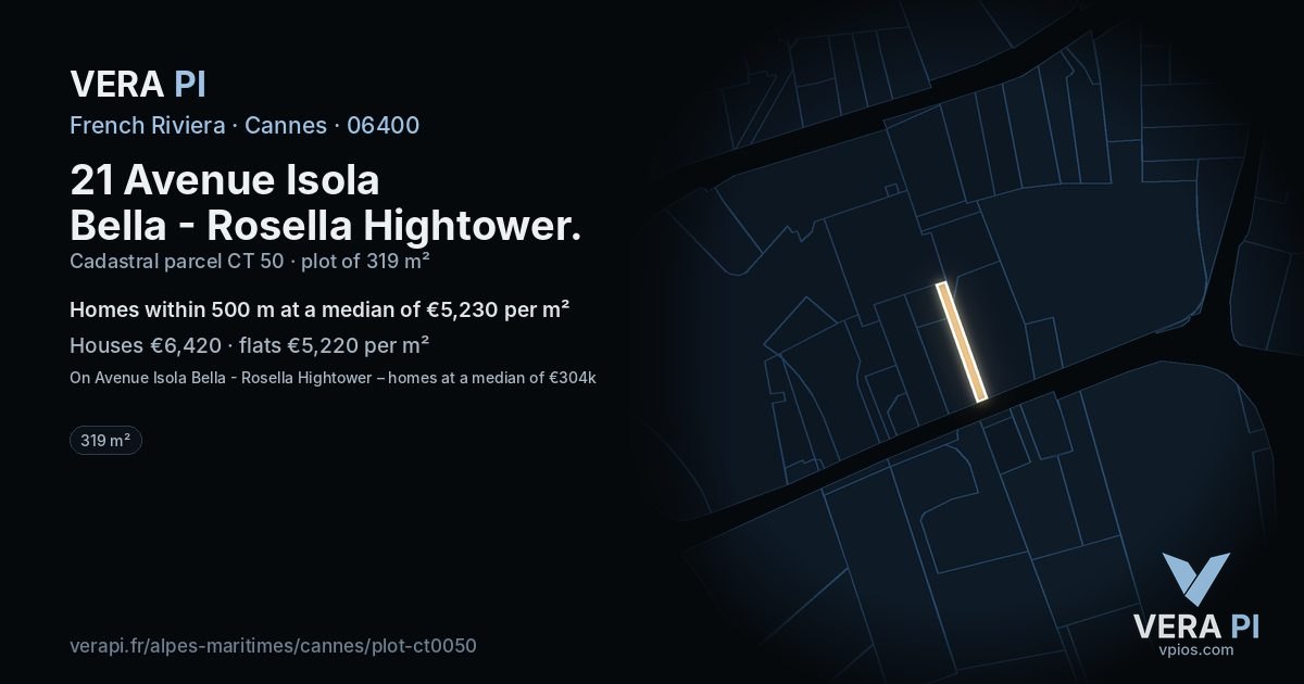 21 Avenue Isola Bella - Rosella Hightower, Cannes at night – the plot lit, the parcels around coloured by the prices near them