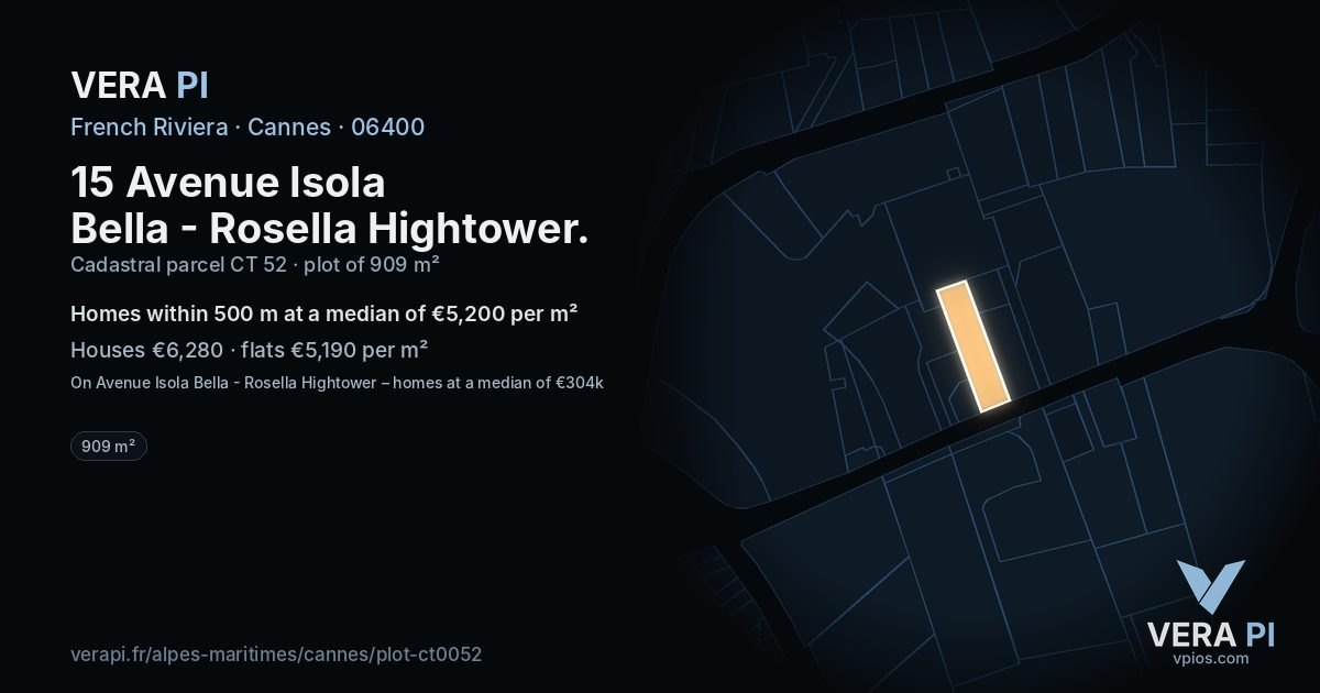 15 Avenue Isola Bella - Rosella Hightower, Cannes at night – the plot lit, the parcels around coloured by the prices near them