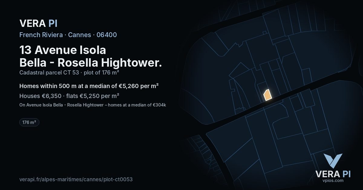 13 Avenue Isola Bella - Rosella Hightower, Cannes at night – the plot lit, the parcels around coloured by the prices near them