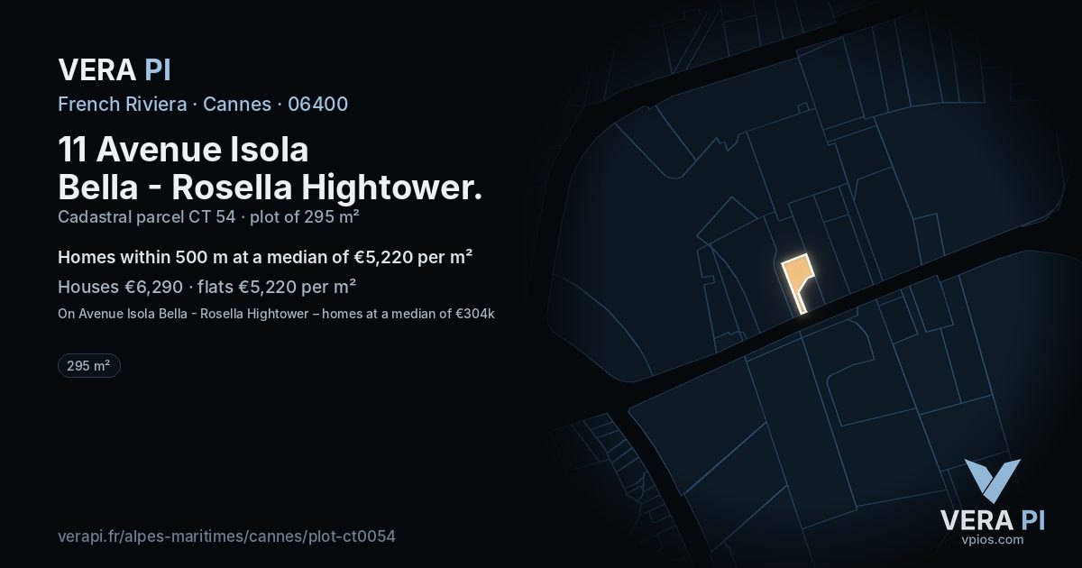 11 Avenue Isola Bella - Rosella Hightower, Cannes at night – the plot lit, the parcels around coloured by the prices near them