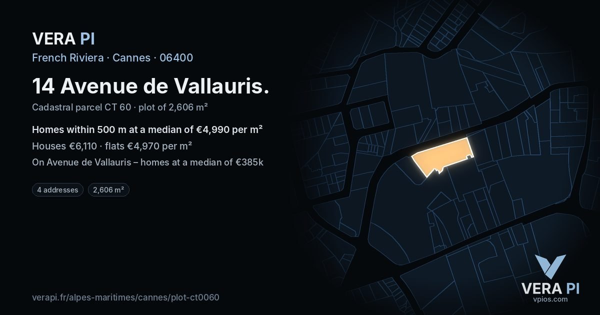 14 Avenue de Vallauris, Cannes at night – the plot lit, the parcels around coloured by the prices near them