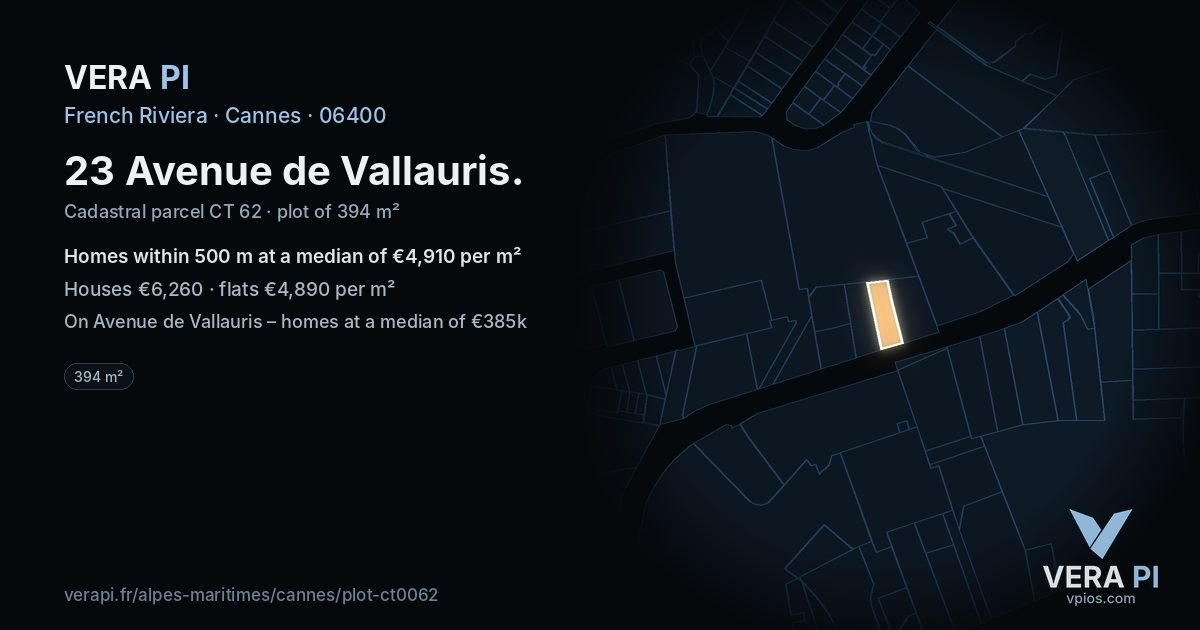 23 Avenue de Vallauris, Cannes at night – the plot lit, the parcels around coloured by the prices near them