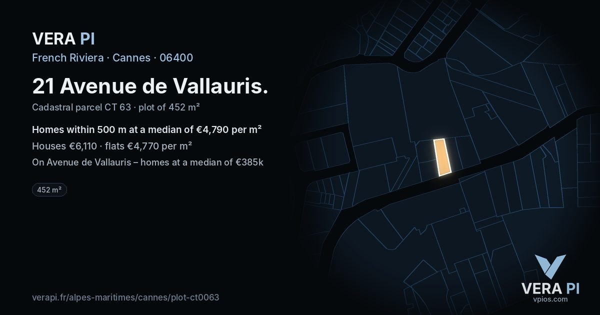 21 Avenue de Vallauris, Cannes at night – the plot lit, the parcels around coloured by the prices near them