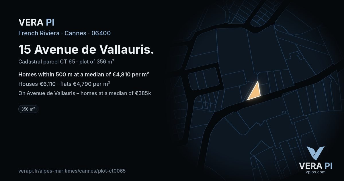 15 Avenue de Vallauris, Cannes at night – the plot lit, the parcels around coloured by the prices near them