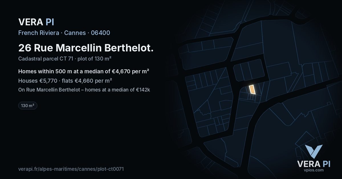 26 Rue Marcellin Berthelot, Cannes at night – the plot lit, the parcels around coloured by the prices near them