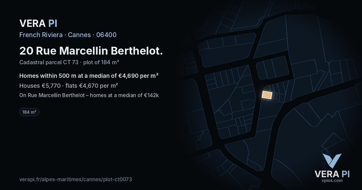 20 Rue Marcellin Berthelot, Cannes at night – the plot lit, the parcels around coloured by the prices near them