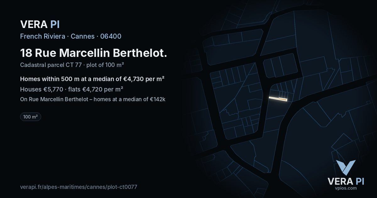 18 Rue Marcellin Berthelot, Cannes at night – the plot lit, the parcels around coloured by the prices near them