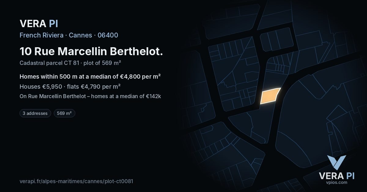 10 Rue Marcellin Berthelot, Cannes at night – the plot lit, the parcels around coloured by the prices near them