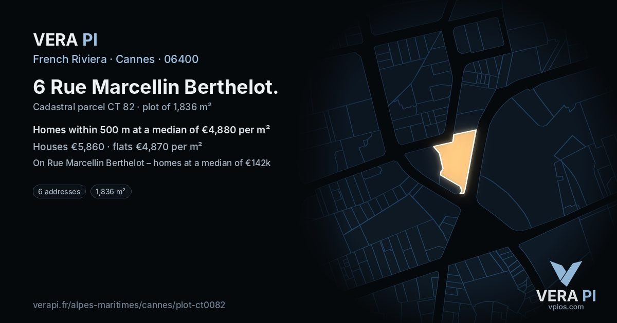 6 Rue Marcellin Berthelot, Cannes at night – the plot lit, the parcels around coloured by the prices near them
