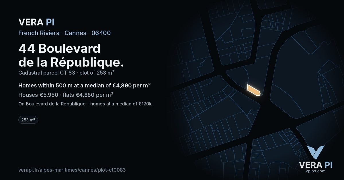 44 Boulevard de la République, Cannes at night – the plot lit, the parcels around coloured by the prices near them