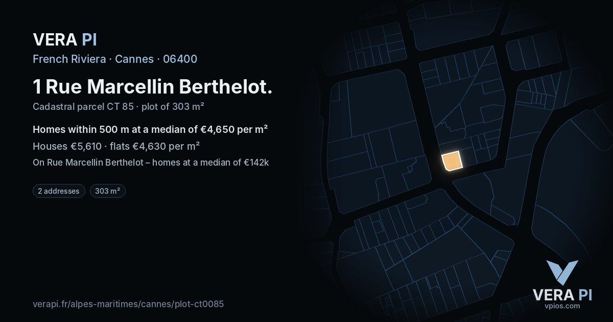 1 Rue Marcellin Berthelot, Cannes at night – the plot lit, the parcels around coloured by the prices near them