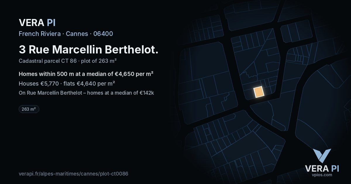 3 Rue Marcellin Berthelot, Cannes at night – the plot lit, the parcels around coloured by the prices near them