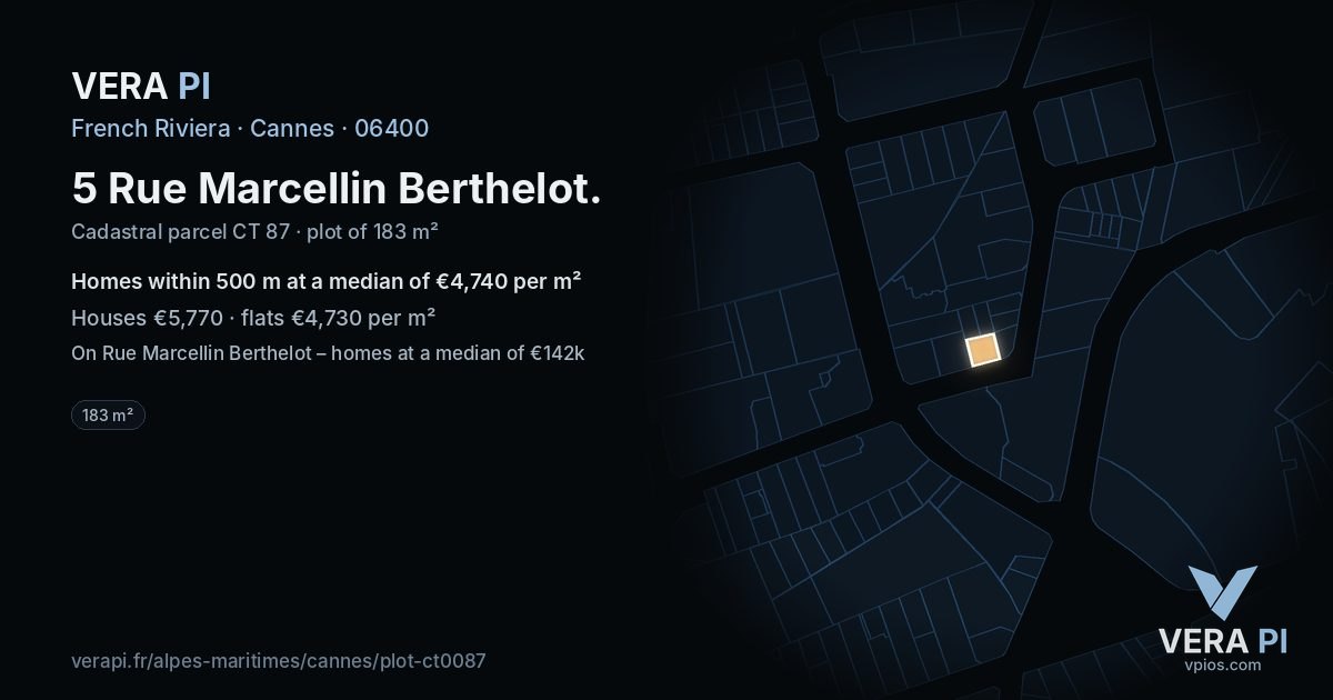 5 Rue Marcellin Berthelot, Cannes at night – the plot lit, the parcels around coloured by the prices near them