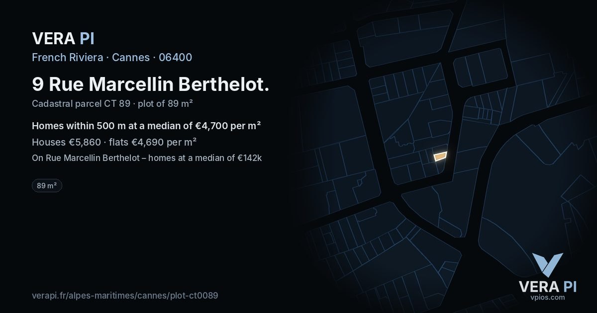 9 Rue Marcellin Berthelot, Cannes at night – the plot lit, the parcels around coloured by the prices near them