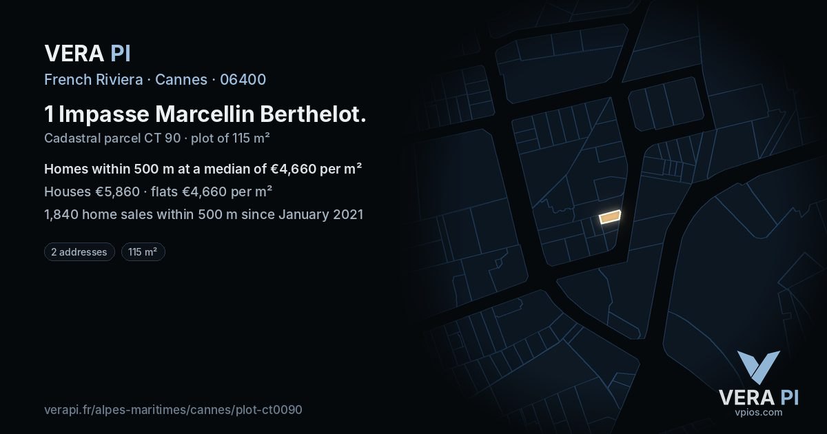 1 Impasse Marcellin Berthelot, Cannes at night – the plot lit, the parcels around coloured by the prices near them