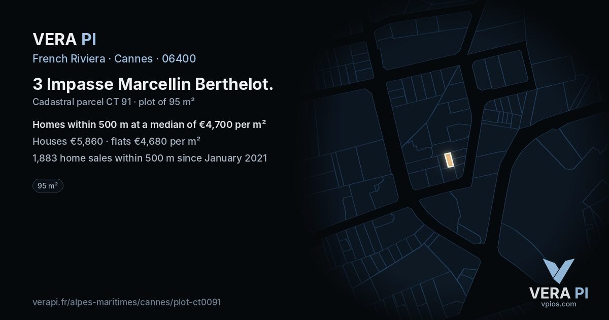 3 Impasse Marcellin Berthelot, Cannes at night – the plot lit, the parcels around coloured by the prices near them