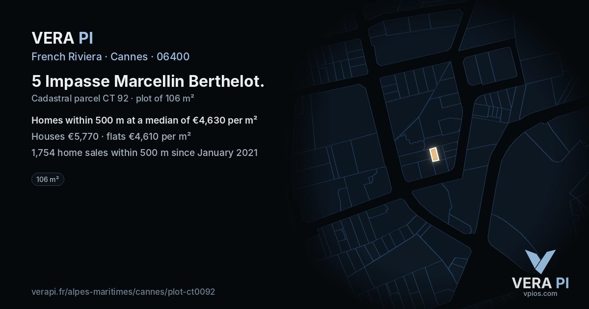 5 Impasse Marcellin Berthelot, Cannes at night – the plot lit, the parcels around coloured by the prices near them