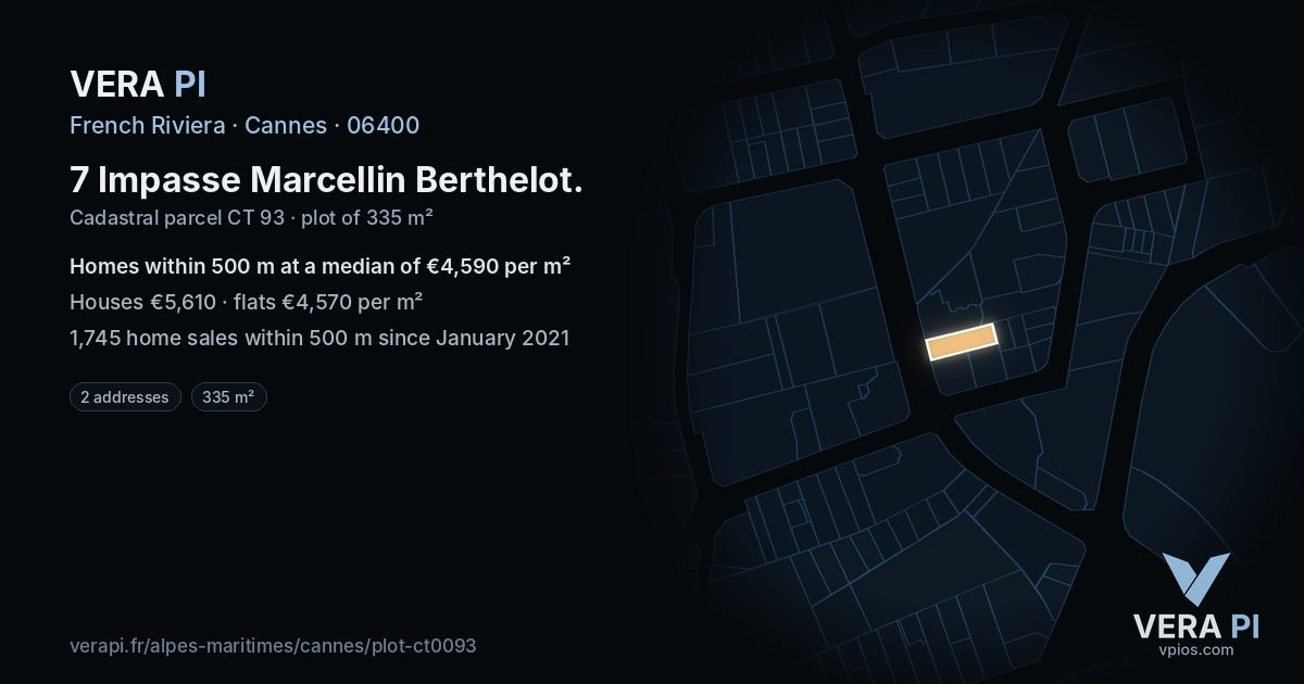 7 Impasse Marcellin Berthelot, Cannes at night – the plot lit, the parcels around coloured by the prices near them