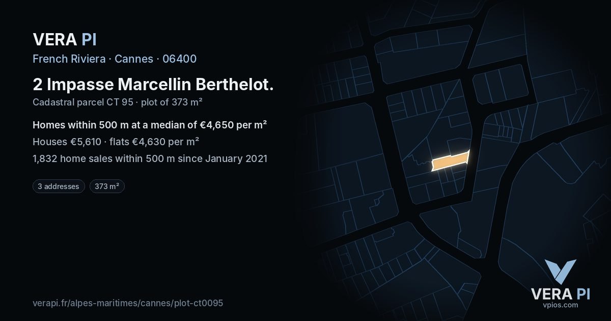 2 Impasse Marcellin Berthelot, Cannes at night – the plot lit, the parcels around coloured by the prices near them