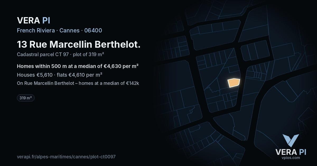 13 Rue Marcellin Berthelot, Cannes at night – the plot lit, the parcels around coloured by the prices near them