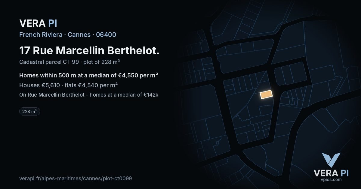 17 Rue Marcellin Berthelot, Cannes at night – the plot lit, the parcels around coloured by the prices near them