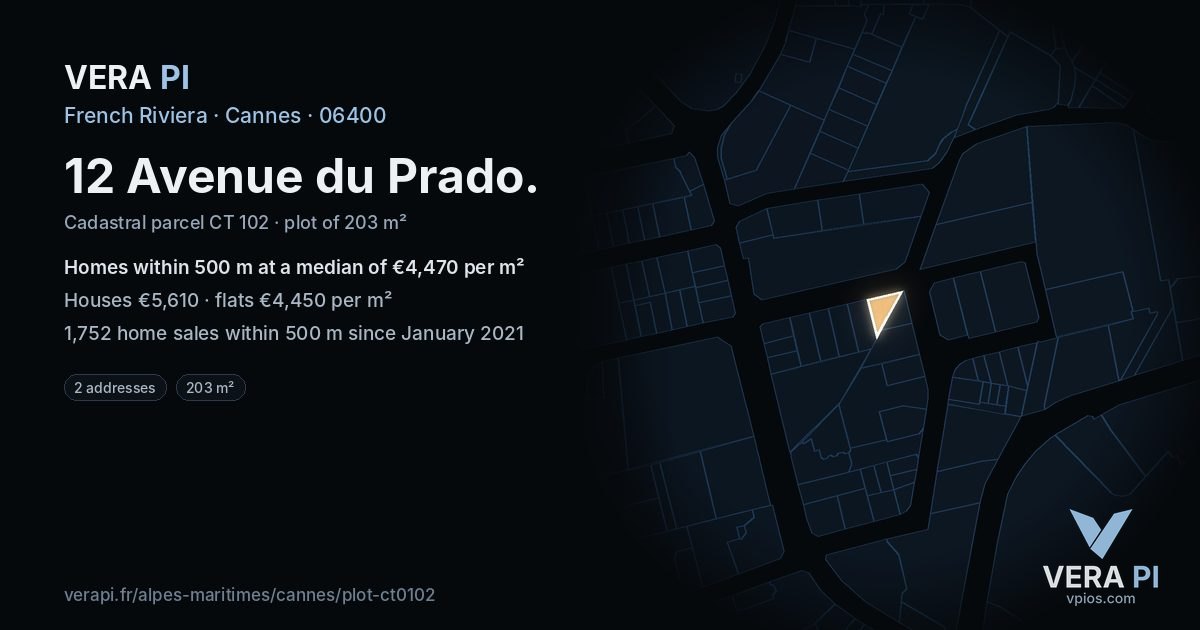 12 Avenue du Prado, Cannes at night – the plot lit, the parcels around coloured by the prices near them