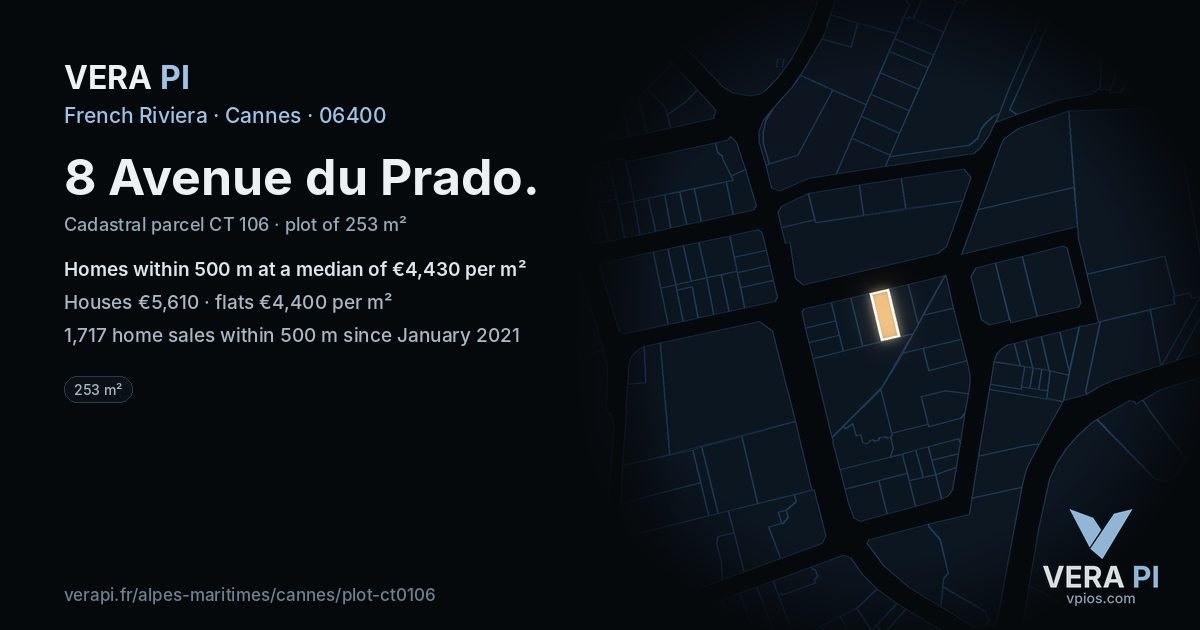 8 Avenue du Prado, Cannes at night – the plot lit, the parcels around coloured by the prices near them