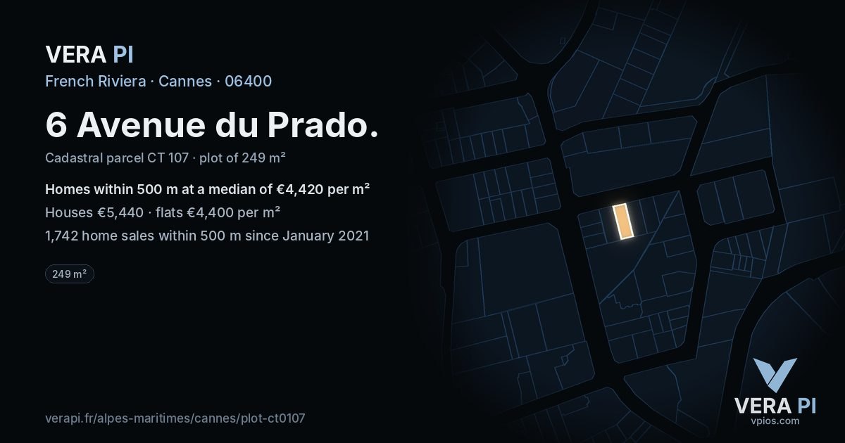 6 Avenue du Prado, Cannes at night – the plot lit, the parcels around coloured by the prices near them