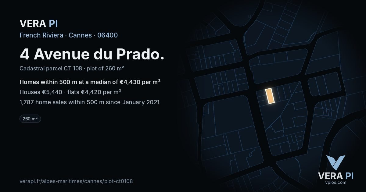4 Avenue du Prado, Cannes at night – the plot lit, the parcels around coloured by the prices near them