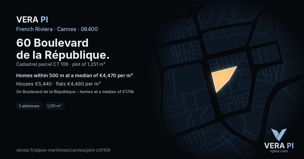 60 Boulevard de la République, Cannes at night – the plot lit, the parcels around coloured by the prices near them