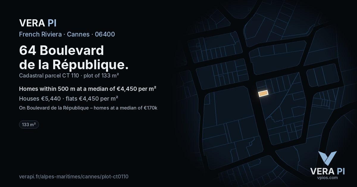 64 Boulevard de la République, Cannes at night – the plot lit, the parcels around coloured by the prices near them
