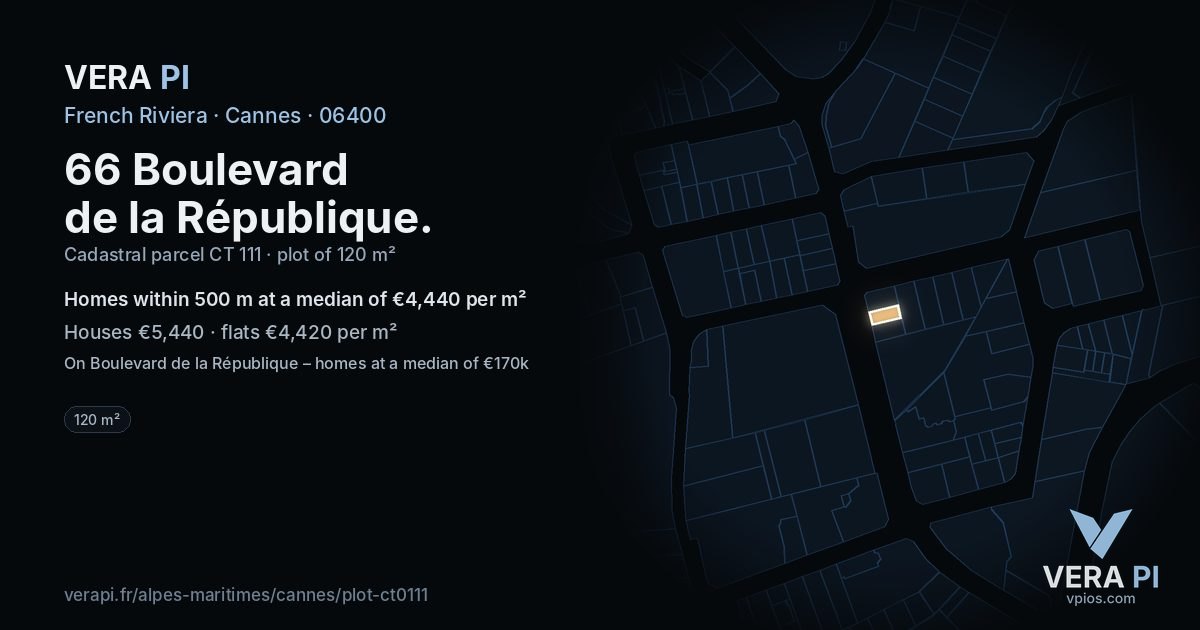66 Boulevard de la République, Cannes at night – the plot lit, the parcels around coloured by the prices near them