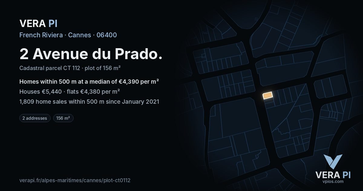 2 Avenue du Prado, Cannes at night – the plot lit, the parcels around coloured by the prices near them