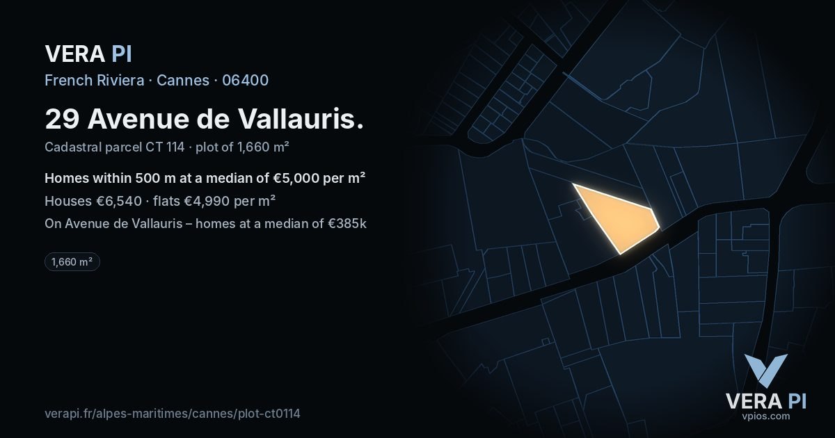 29 Avenue de Vallauris, Cannes at night – the plot lit, the parcels around coloured by the prices near them