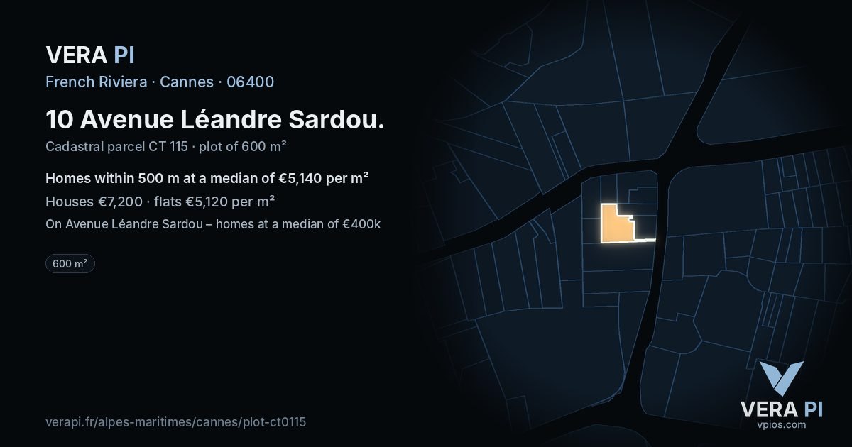 10 Avenue Léandre Sardou, Cannes at night – the plot lit, the parcels around coloured by the prices near them