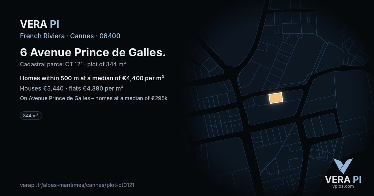 6 Avenue Prince de Galles, Cannes at night – the plot lit, the parcels around coloured by the prices near them