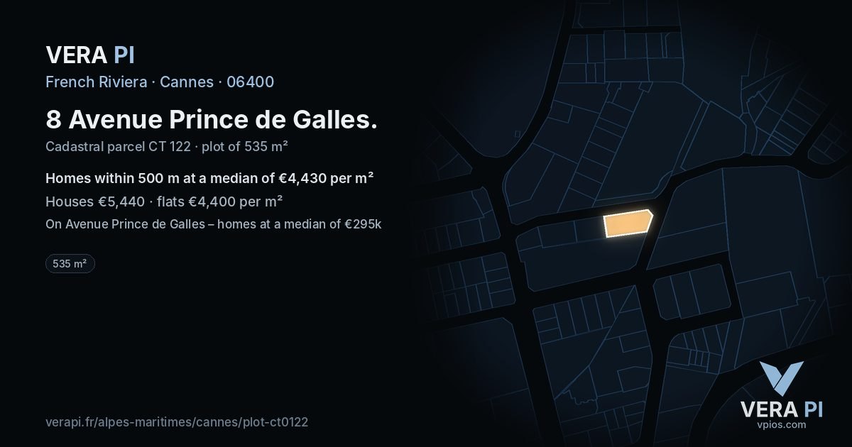 8 Avenue Prince de Galles, Cannes at night – the plot lit, the parcels around coloured by the prices near them