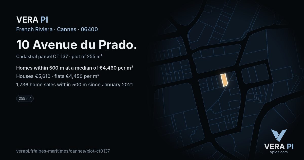 10 Avenue du Prado, Cannes at night – the plot lit, the parcels around coloured by the prices near them