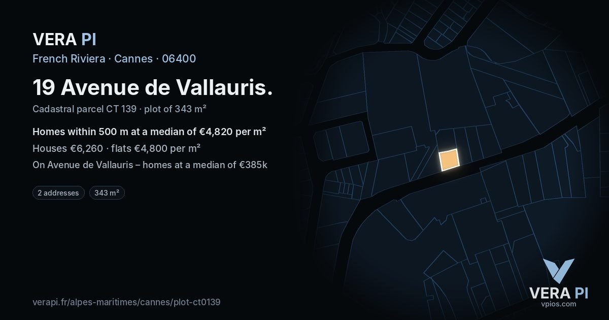 19 Avenue de Vallauris, Cannes at night – the plot lit, the parcels around coloured by the prices near them