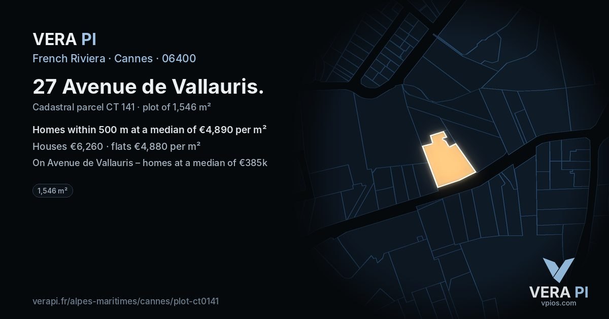 27 Avenue de Vallauris, Cannes at night – the plot lit, the parcels around coloured by the prices near them
