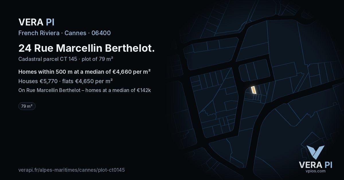 24 Rue Marcellin Berthelot, Cannes at night – the plot lit, the parcels around coloured by the prices near them