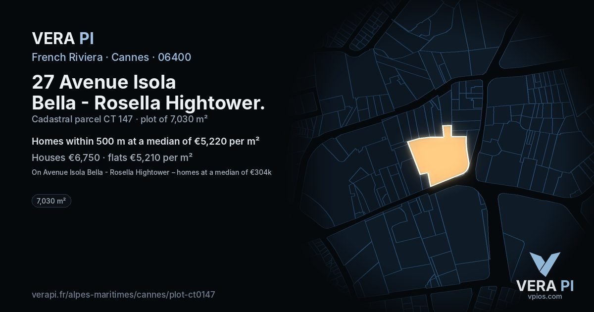 27 Avenue Isola Bella - Rosella Hightower, Cannes at night – the plot lit, the parcels around coloured by the prices near them
