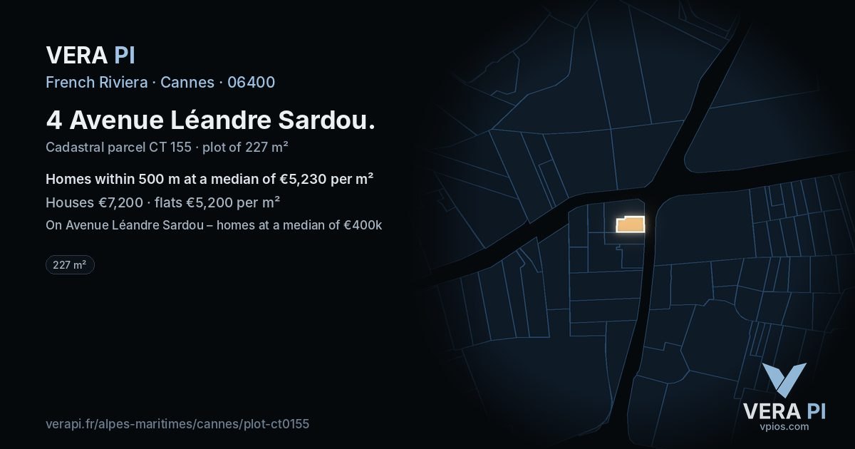 4 Avenue Léandre Sardou, Cannes at night – the plot lit, the parcels around coloured by the prices near them