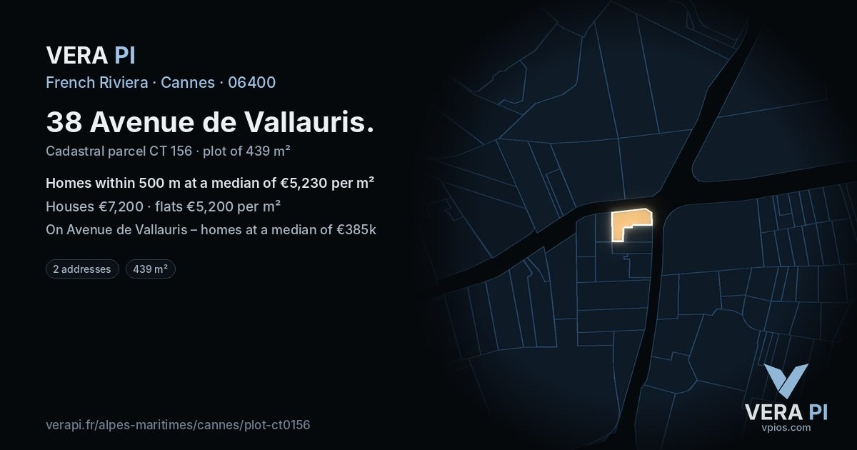 38 Avenue de Vallauris, Cannes at night – the plot lit, the parcels around coloured by the prices near them