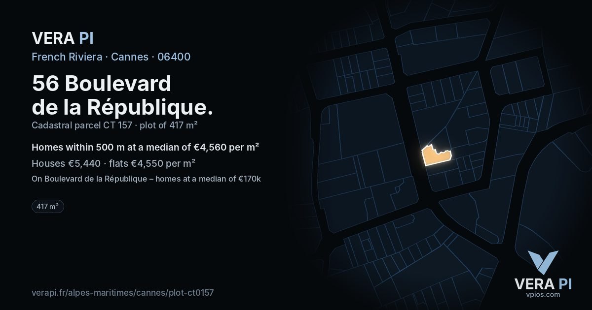 56 Boulevard de la République, Cannes at night – the plot lit, the parcels around coloured by the prices near them