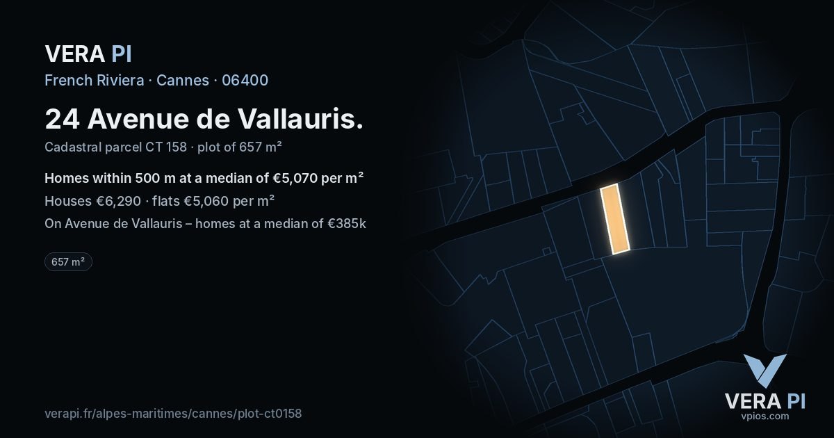 24 Avenue de Vallauris, Cannes at night – the plot lit, the parcels around coloured by the prices near them