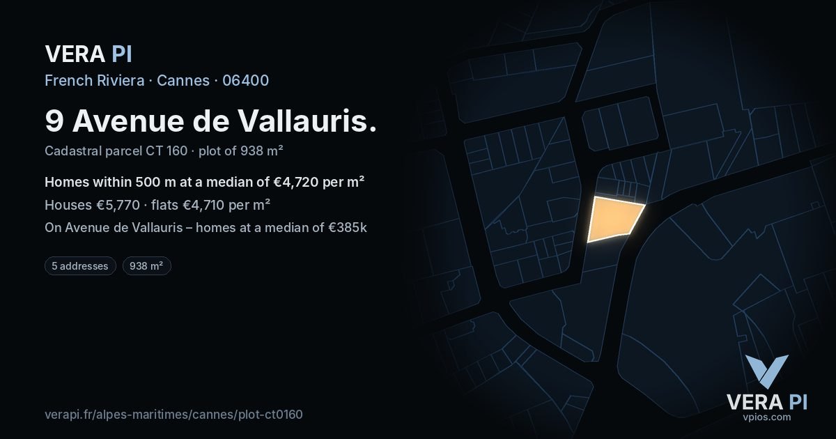 9 Avenue de Vallauris, Cannes at night – the plot lit, the parcels around coloured by the prices near them