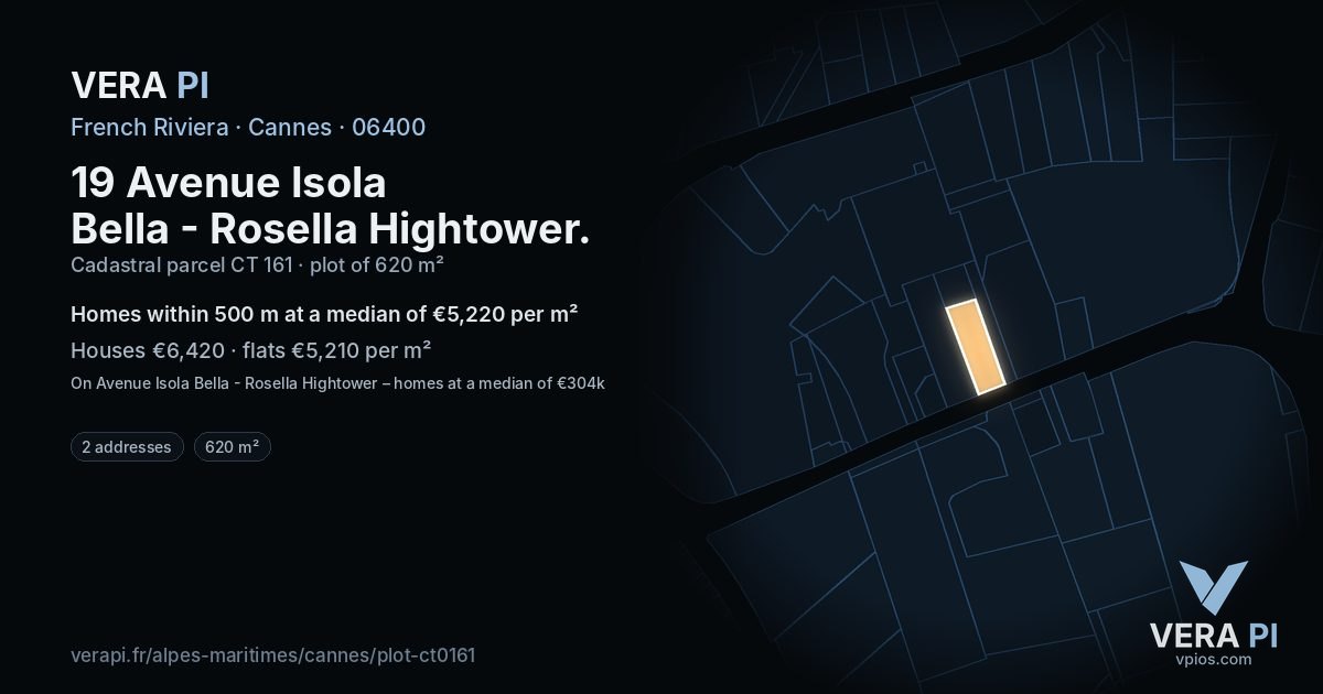 19 Avenue Isola Bella - Rosella Hightower, Cannes at night – the plot lit, the parcels around coloured by the prices near them