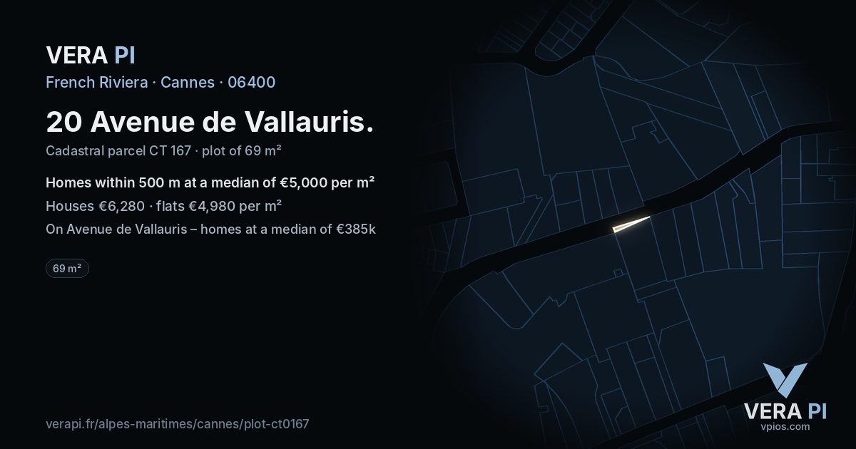 20 Avenue de Vallauris, Cannes at night – the plot lit, the parcels around coloured by the prices near them