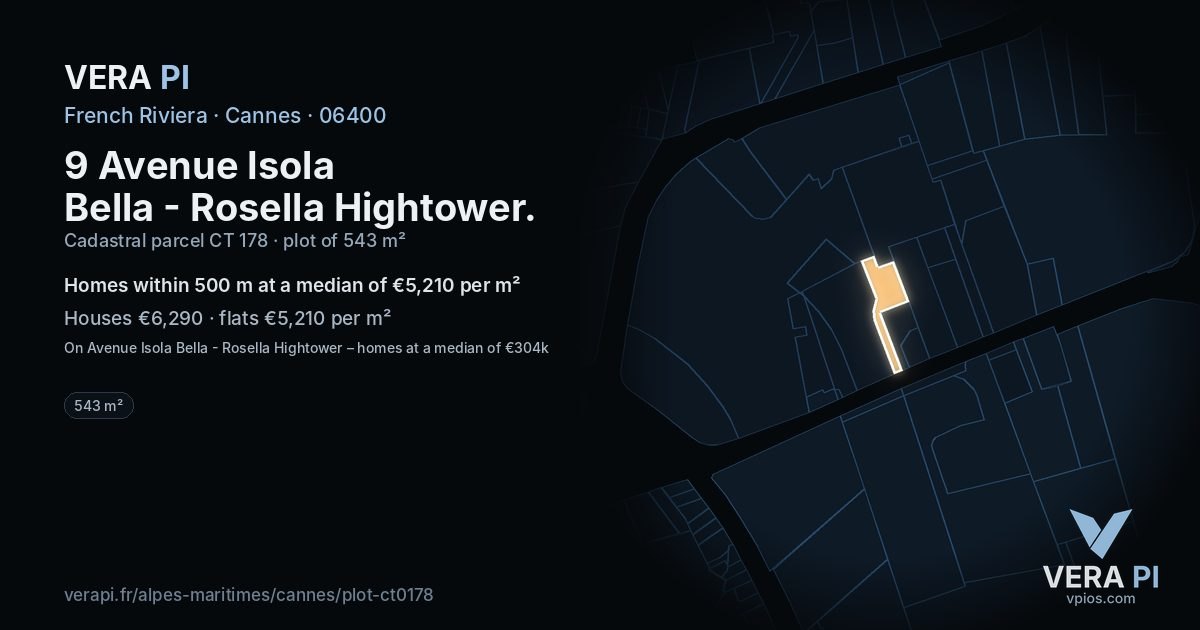 9 Avenue Isola Bella - Rosella Hightower, Cannes at night – the plot lit, the parcels around coloured by the prices near them